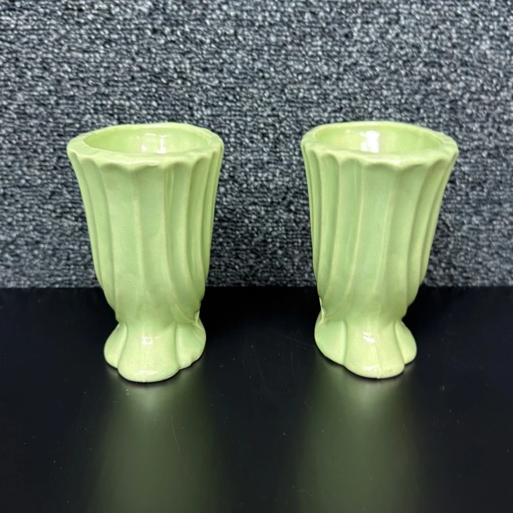 Vintage Green Ceramic Cornucopia Vase Set Mid Century Ribbed Scrolled Planter